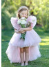 Blush Pink Tulle Feather High Low Flower Girl Dress